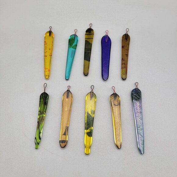 Handmade Fused Glass Icicle Ornaments Multicolor Iridescent Set of 10 - Picture 2 of 7